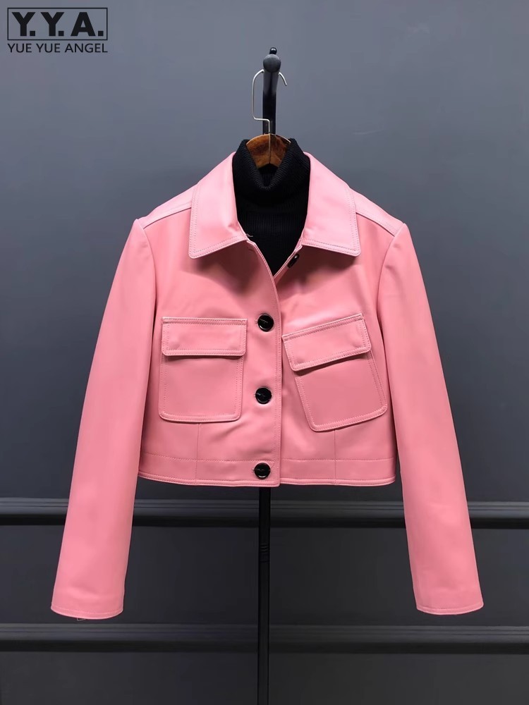 Asymmetrisches Taschen design Frauen Echt leder Kurz mantel Einreiher lässig Revers hohe Taille Schaffell Motorrad jacken