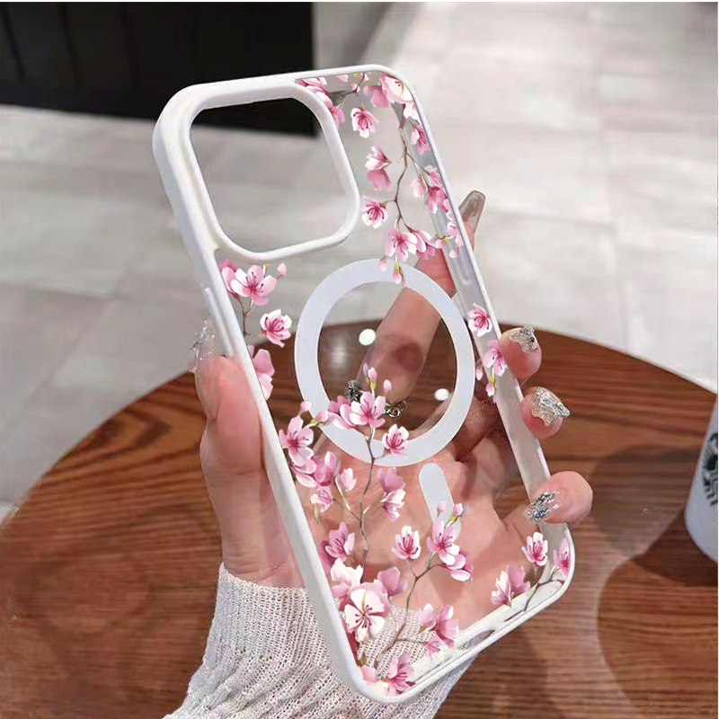 Sakura Roze Elegante Bloemen Achtergrond Ontwerp Magnetische Telefoon Case Voor iPhone 17 16 15 14 13 12 Pro Max 11 16 Plus 16E 17Air Cover