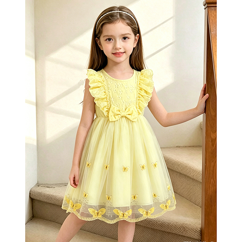 Vestido para niñas amarillo con cuello redondo y manga mosca de tul con lazo de 8 a 12 años, vestido de princesa elegante de estilo dulce, ropa para niños