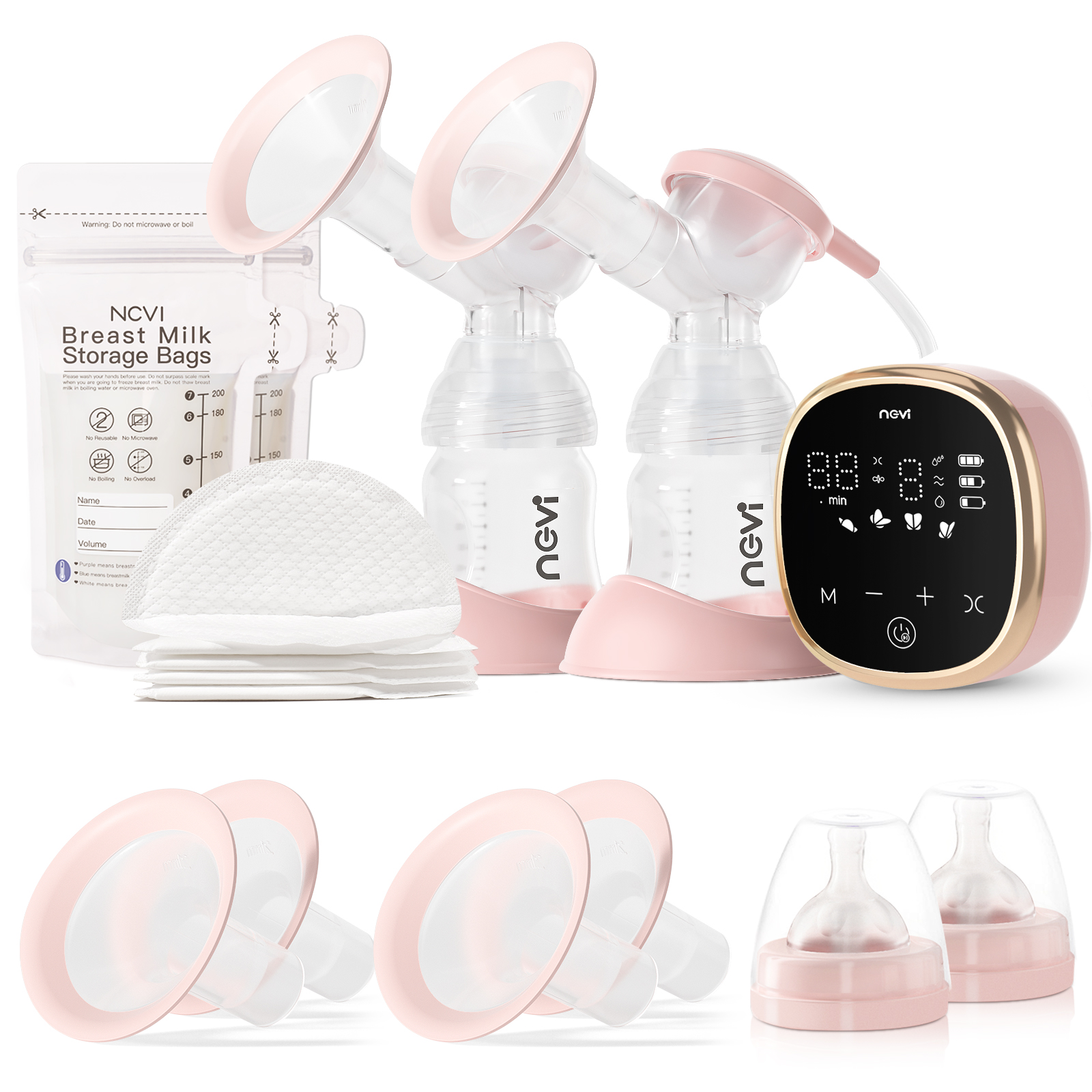 NCVI Extractor de leche doble eléctrico, extractor de leche eléctrico con 4 modos 9 niveles, con bridas de 4 tamaños y 10 bolsas de almacenamiento de leche materna