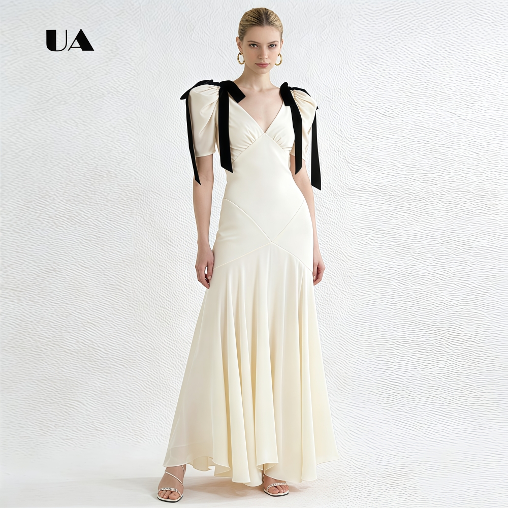 ULBYANRY Drapiertes Chiffon-Abschlussballkleid mit Puffärmeln, solides Abendkleid mit V-Ausschnitt und Samtschleifen, elegantes, maßgeschneidertes Partykleid
