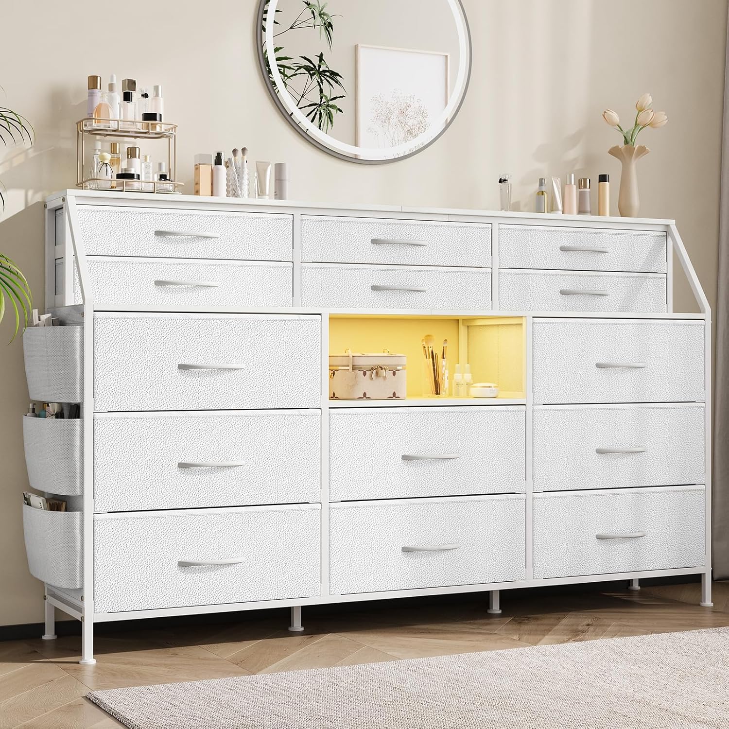 Kommode mit 14 Schubladen für Schlafzimmer, Kommode aus Stoff mit Holzplatte, großer Aufbewahrungsschrank mit Metallrahmen für Schrank