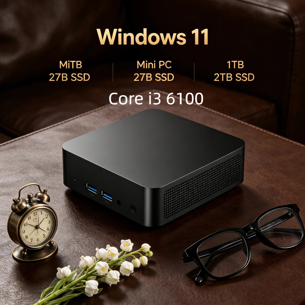 Mini PC Confiável Core i3 6100 Windows 11 Pro 32GB RAM 1TB/2TB SSD WiFi 6 BT5.2 4K HD para Escritório, Jogos e Estudo com 3 Anos de Garantia