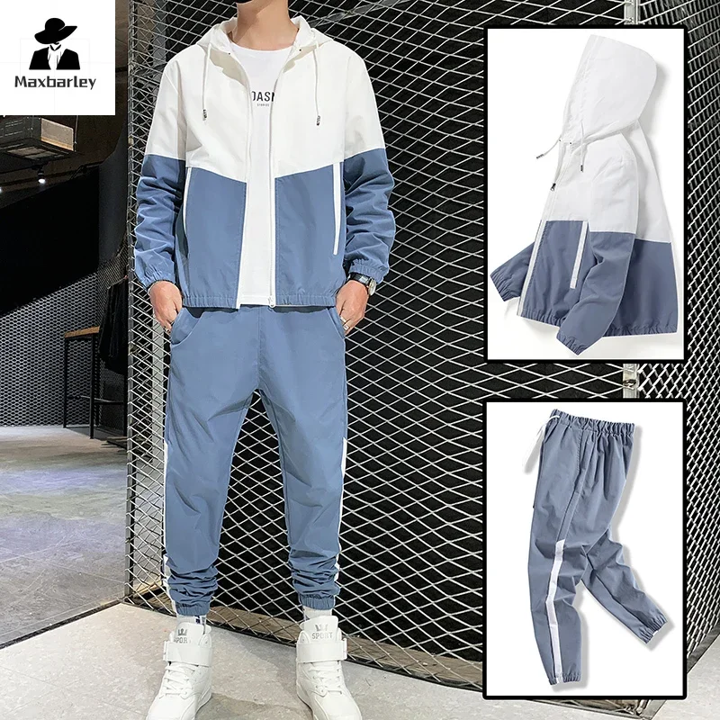 Traje deportivo de primavera y otoño para hombre, chaqueta informal con capucha y pantalones, traje para hombre y adolescente, sudadera para correr de 2 piezas