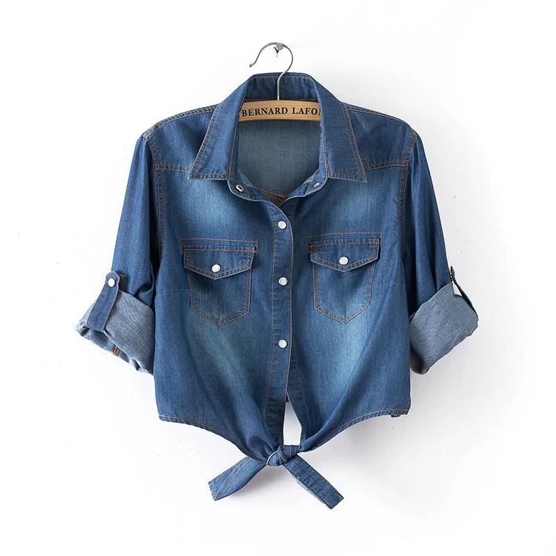 Lente Zomer Gekrulde Korte Mouw Dun Denim Jack Dames 6xl Mode Slim Knoop Shirt Sjaal Dames Bovenkleding Korte Casual Tops