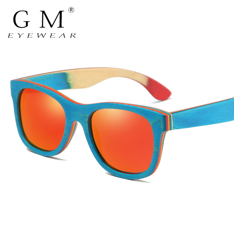 GM-gafas de sol de madera para monopatín, montura azul con revestimiento de espejo de bambú, protección UV 400, W033