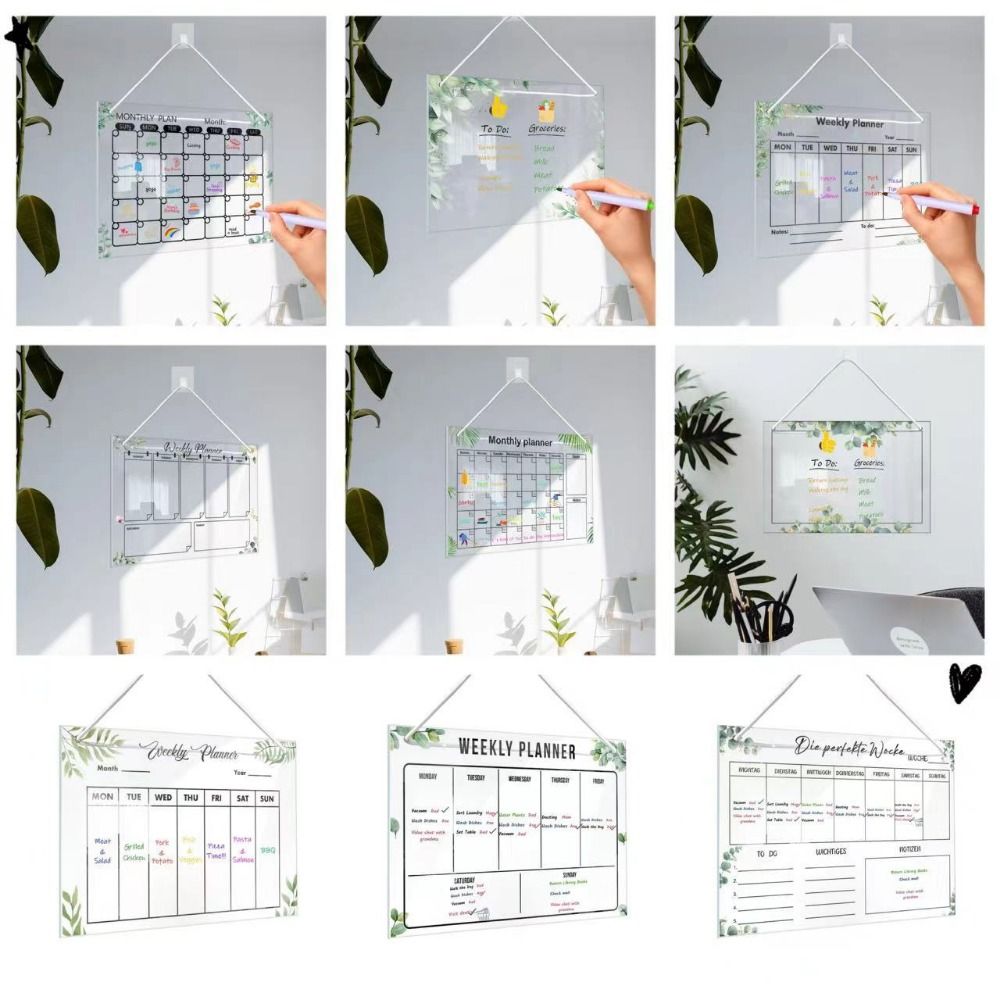 Transparent Message Board Acrylic Monthly Weekly Note Board Green Leaves Pattern Wall Hanging Erasable Whiteboard