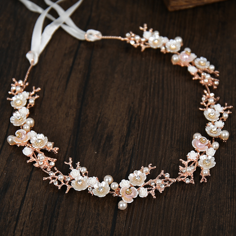 Hochzeit handgemachte Muschel Blume Kristall Immitate Perle Stirnband Bräute Tiara Kopfschmuck Tocado Novia Braut Haarschmuck