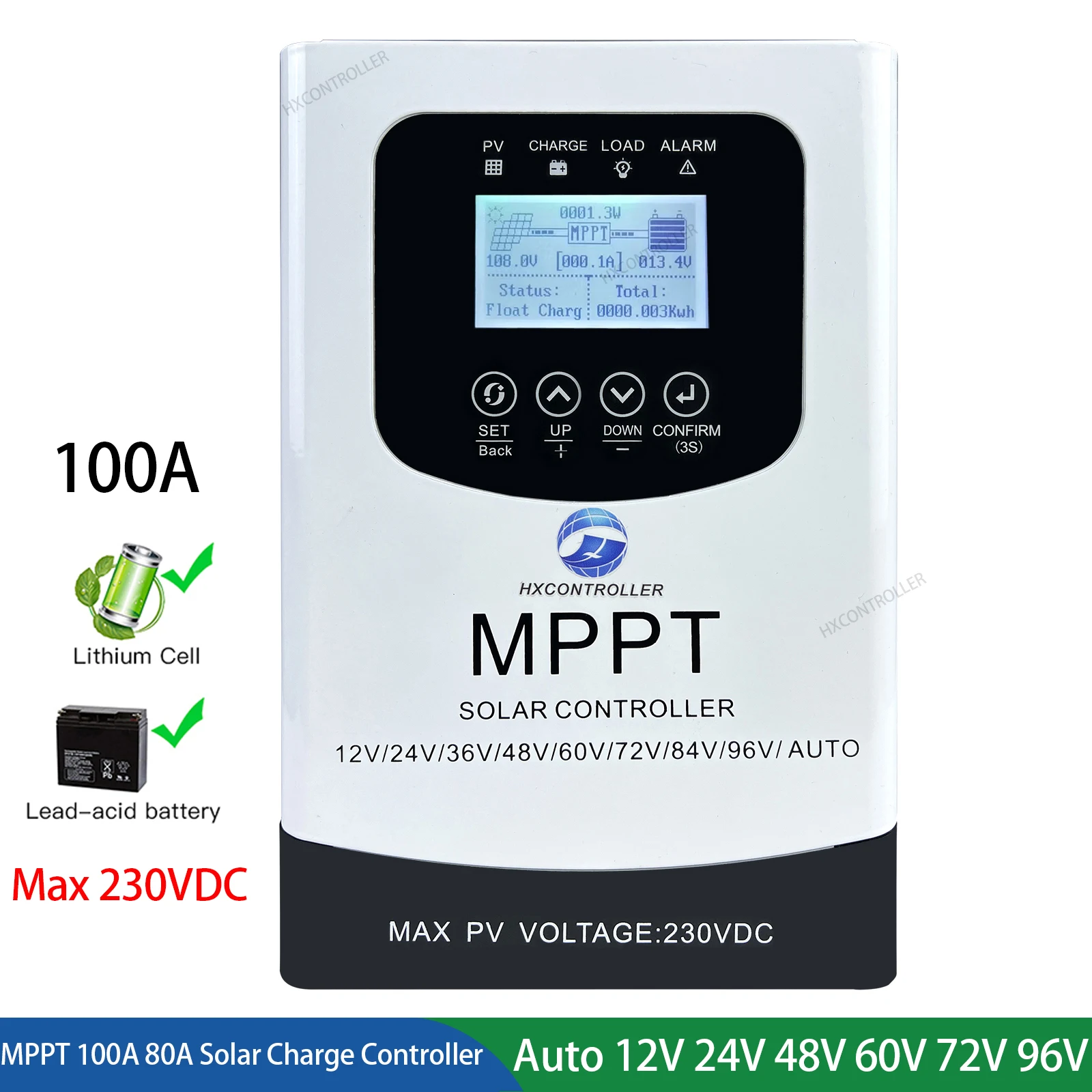 Pengontrol CAS surya 100A 230VDC MPPT, Regulator Panel tenaga surya otomatis 12V 24V 48V 96V untuk asam timbal Lithium Lifepo4 baterai