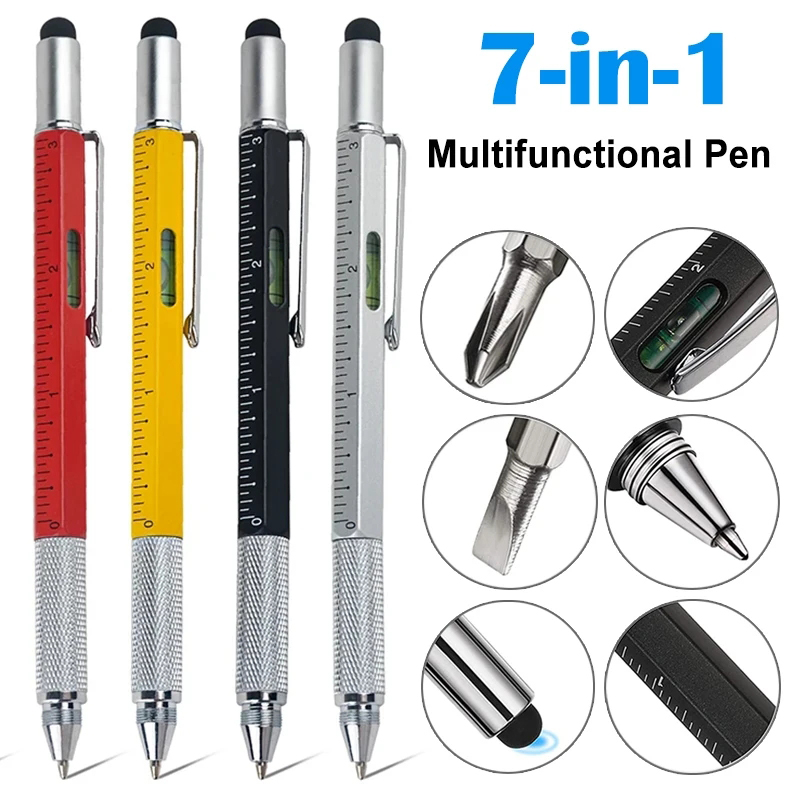 7 in 1 Multifunctional Pen Touch Screen Stylus Capacitive Pen with Screwdriver Ruler Levelgauge Refillable Ballpoint Pencil Tool