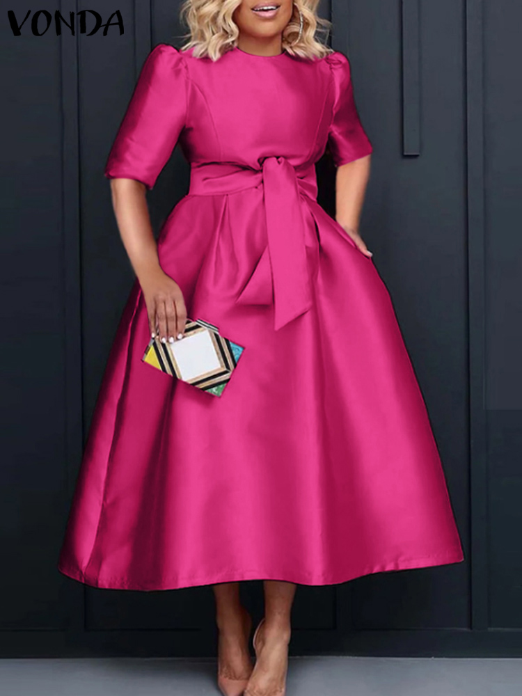 VONDA-vestido Midi de satén de talla grande 5XL para mujer, elegante vestido de manga corta informal con cinturón, bata larga holgada de Color liso para verano 2024