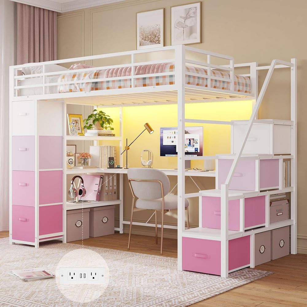 Twin Size Metal Bed with Storage Steps, Desk, Power Strips, LED Lights, 8 Drawers, Open Shelves, Safety Rail, White & Pink