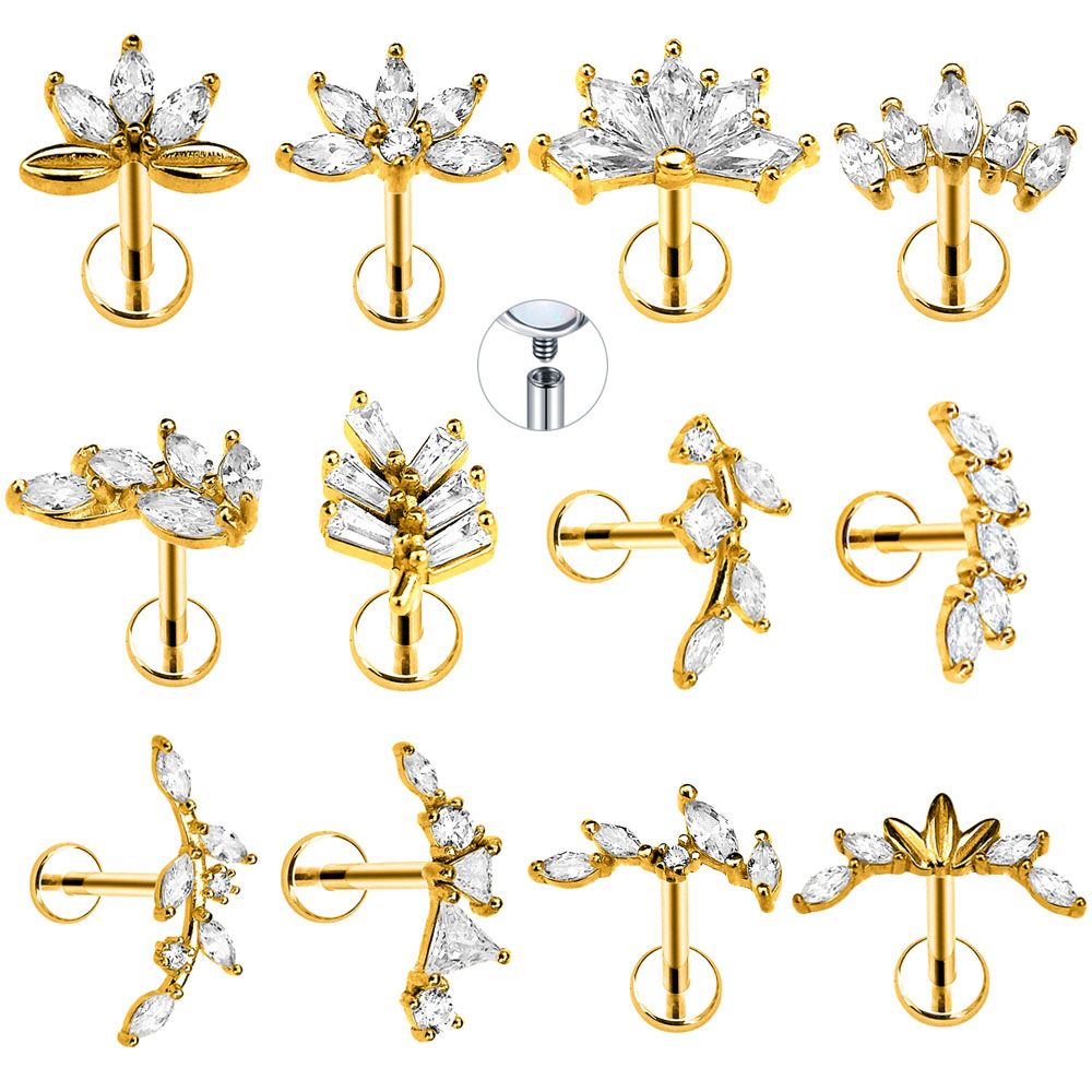 Fiore Foglia Daith Conchiglia Orecchino Petali CZ Zircone Labret Stud Marquise Gemma Labbro Filettatura interna Piercing Acciaio chirurgico 316L 16G