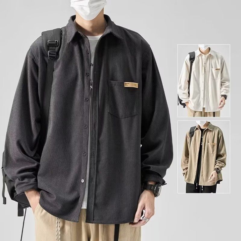 Camisa casual solta masculina elegante e confortável com veludo grosso de manga comprida, top versátil
