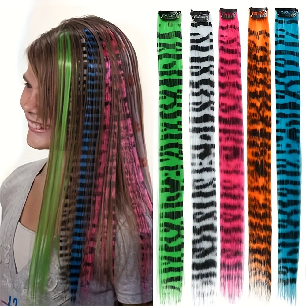 1PCS Y2K Colorful Hair Extensions Leopard print long Straight wig One-piece Clip-In Synthetic Hairpieces cosplay Hair accessory