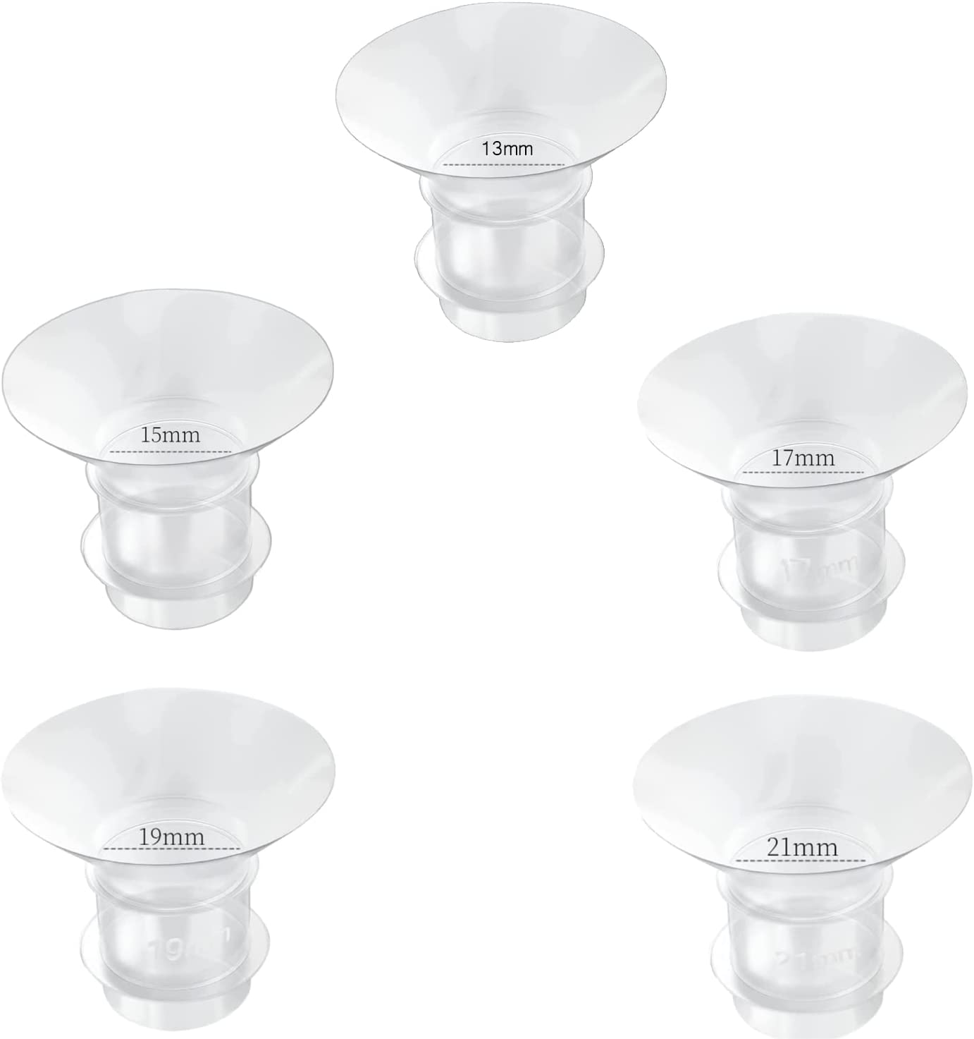 Insertos de brida 13/15/17/19/21 mm 5 piezas, adecuados para Medela, escudos/flanges de 24 mm, tazas usables de almohada