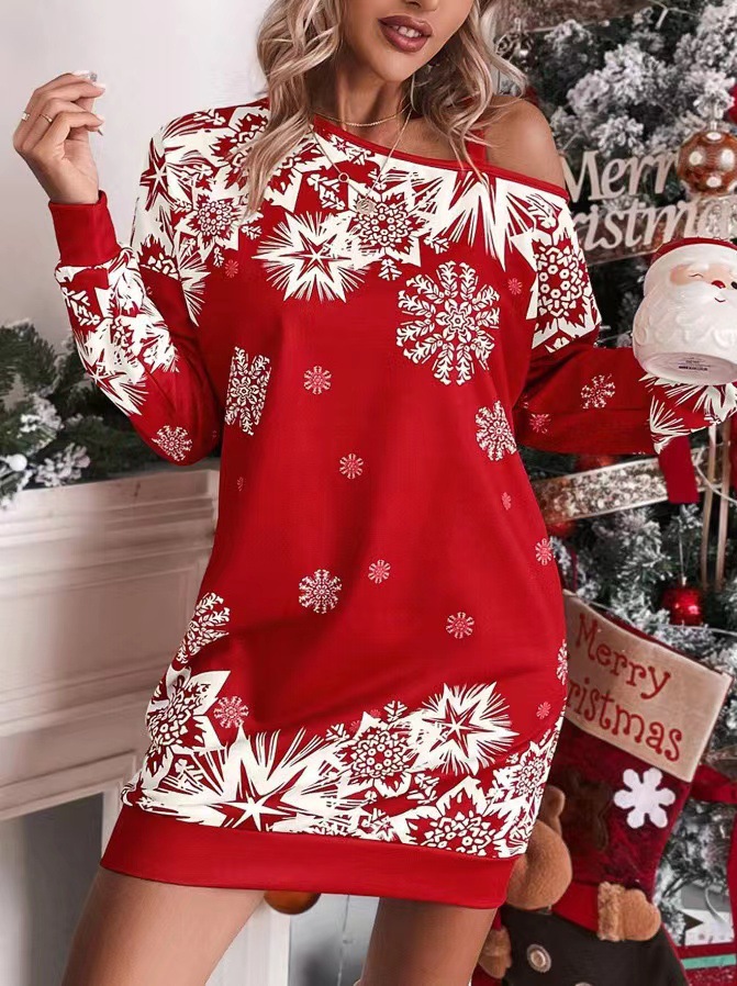 女性のクリスマススノーフレークプリントドレス,裸の肩,長袖,十分な,ミニドレス,冬のファッション,新しい,2025