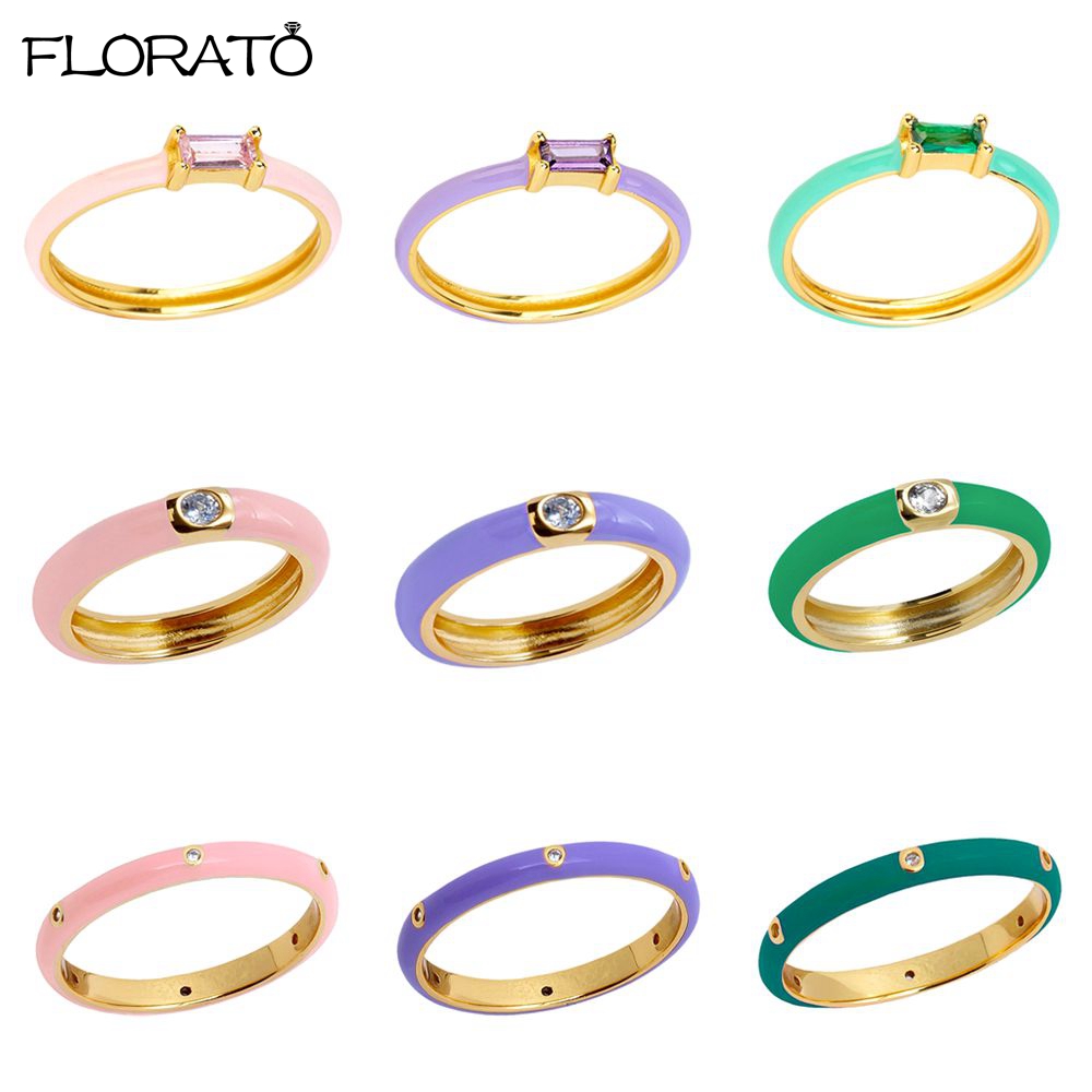 24K Gold-Plated หลาย Candy สีแหวนขนาด6/7/8สีขาวสีม่วงสีชมพูสีฟ้าผู้หญิงเครื่องประดับที่มีสีสันเคลือบแหวนสเปนของขวัญ A30