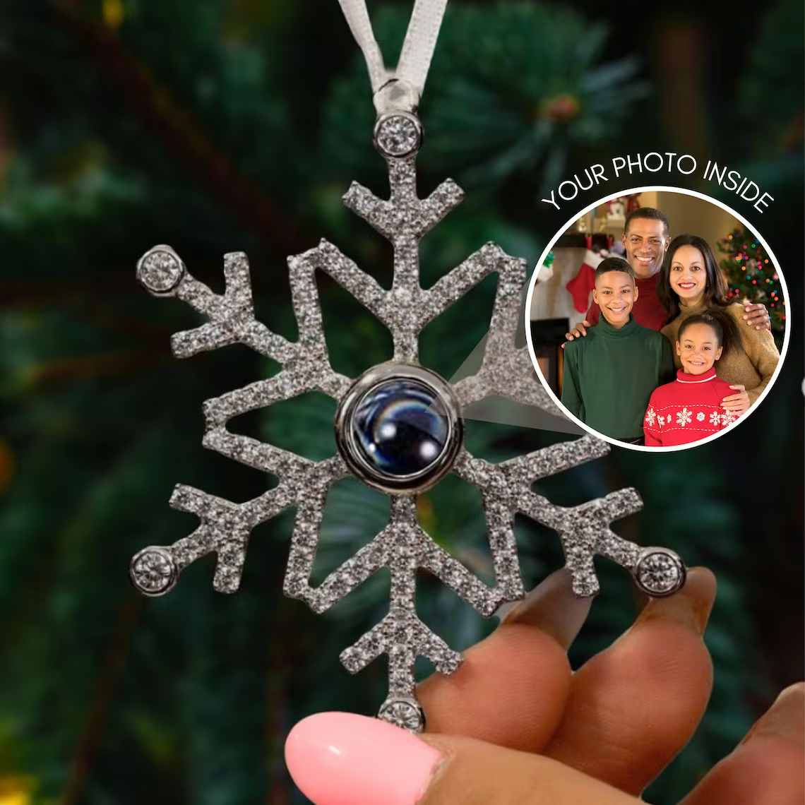 Personalisierter Weihnachtsanhänger, Schneeflocken-Projektion, Foto-Ornament, individuelles Bild, Anhänger, Band, Valentinstag, Erinnerungsgeschenk