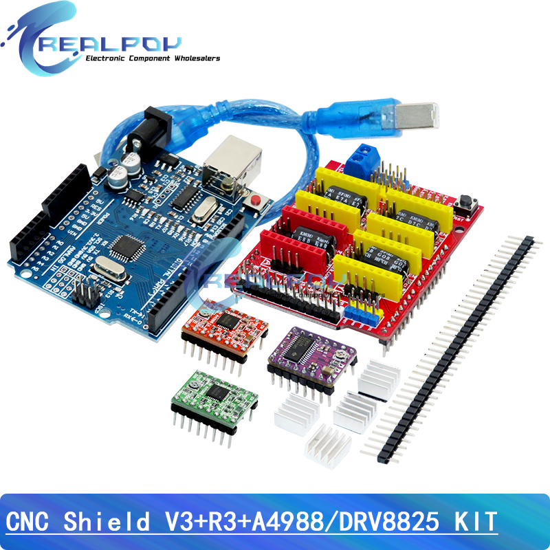 CNC Shield V3 Graviermaschine 3D-Drucker + 4 Stück DRV8825 oder A4988 Treibererweiterungsplatine für Arduino für UNO-R3 mit USB-Kabel