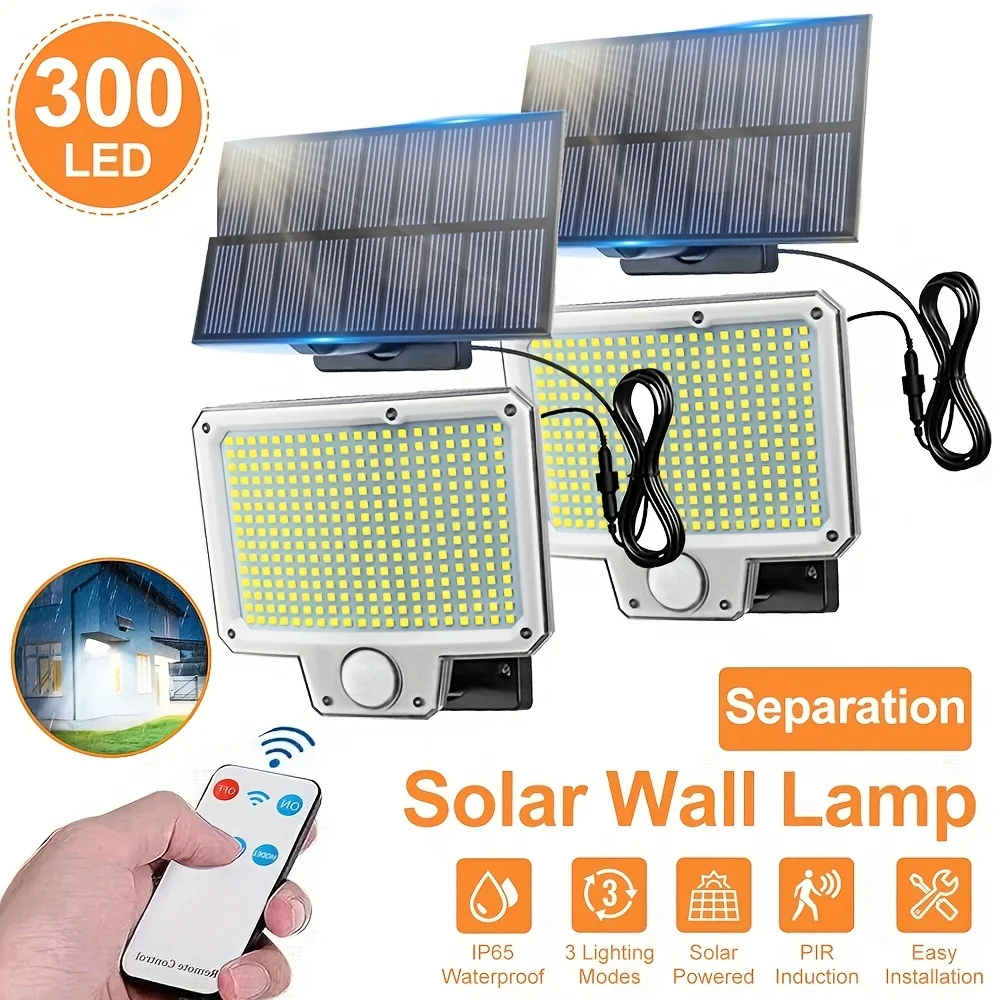 xf1/2pcs Solar Motion Sensor Wall Lights Outdoor Garden, 3 Lighting Modes with 5 Meter Cable, 300LED Solar Safety Floodlight Dusk to Dawn, 120° Lighting Angle, IP65 Waterproof, for Commercial Streets, Courtyards, Garages, Restaurants, Cafes Lightinggj