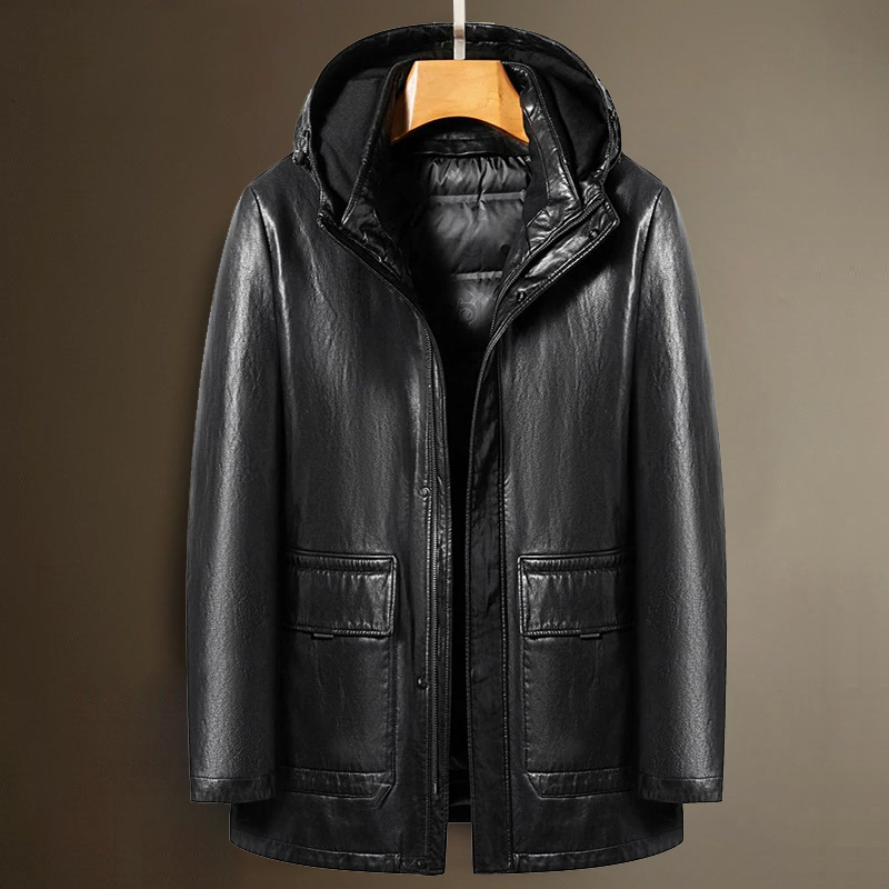 Herren Echt lederjacke Kapuze Daunen jacke Mantel Mann Schaffell Mantel Wind jacke männlich Winter Puffer Jacke Männer Enten Daunen mantel