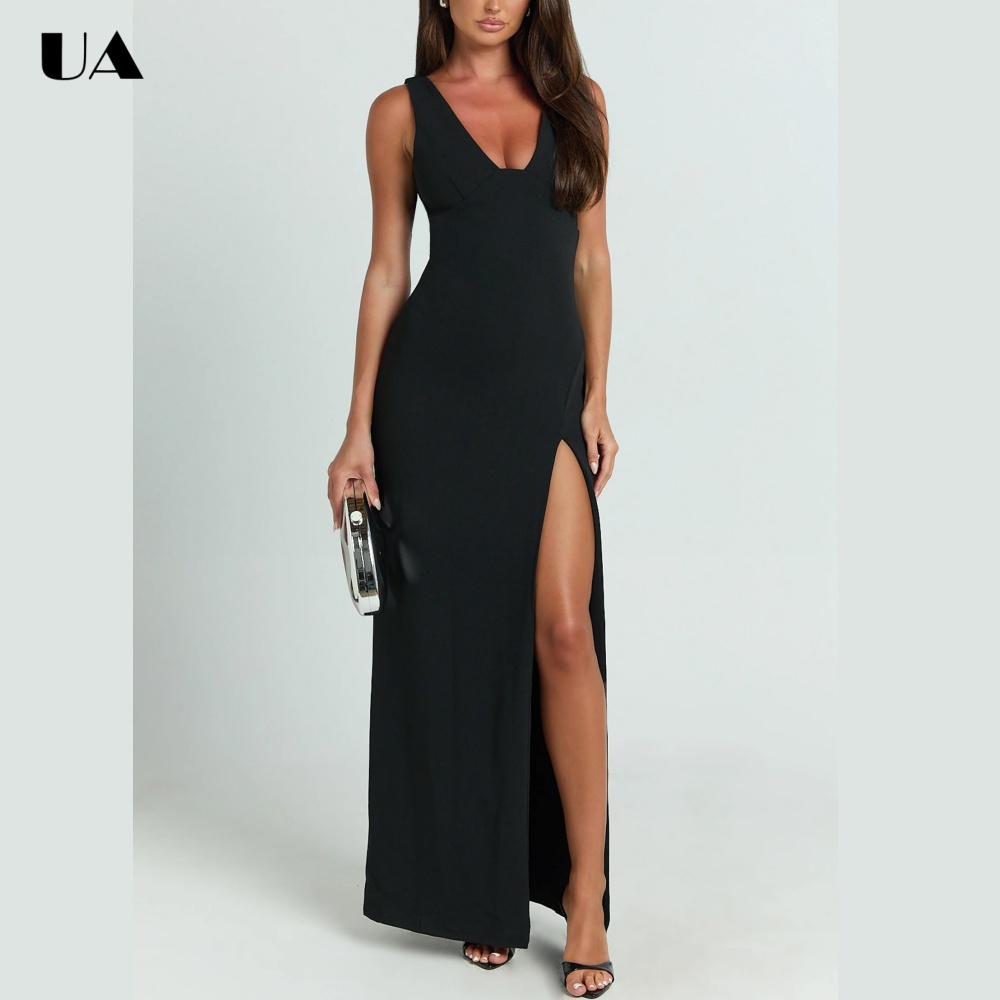 ULBYANRY Sexy rückenfreies Ballkleid mit hohem Schlitz für Damen, schlichtes, einfarbiges Abendkleid mit V-Ausschnitt, maßgeschneidertes ärmelloses langes Partykleid