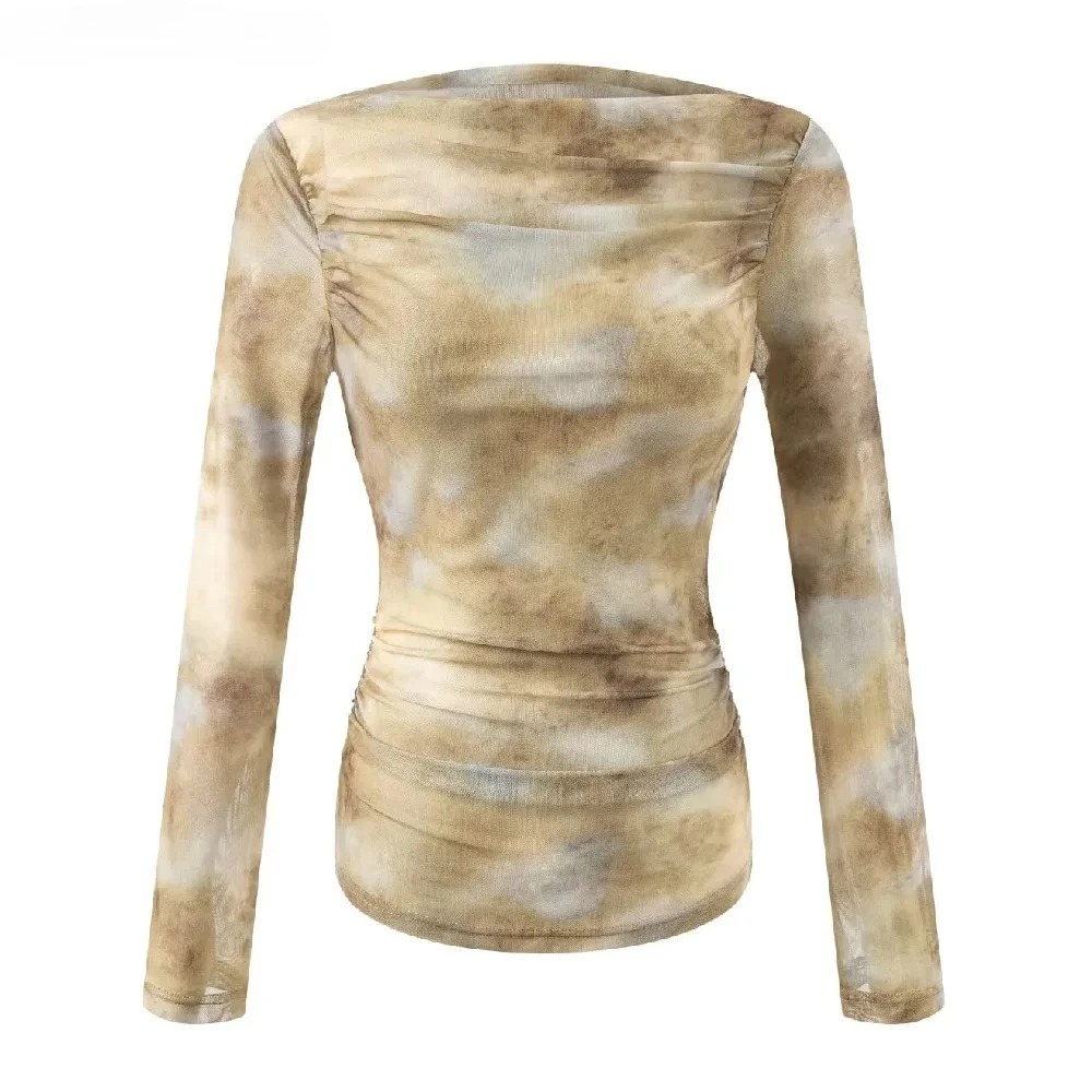 Camiseta Sexy con Estampado Tie-Dye y Hombros Fruncidos para Mujer, Corte Ajustado, Cintura Plisada y Manga Larga (Conteo de Caracteres: 78)