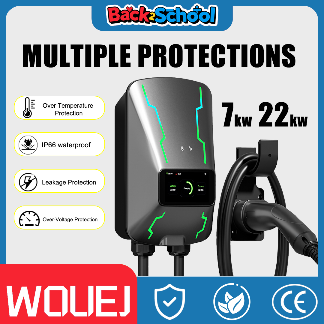 Estación de carga WOUEJ EV W3 tipo 2 7KW 32A 1 fase cargador de coche para vehículo eléctrico Wallbox con pantalla LCD Control de aplicación tarjeta RFID
