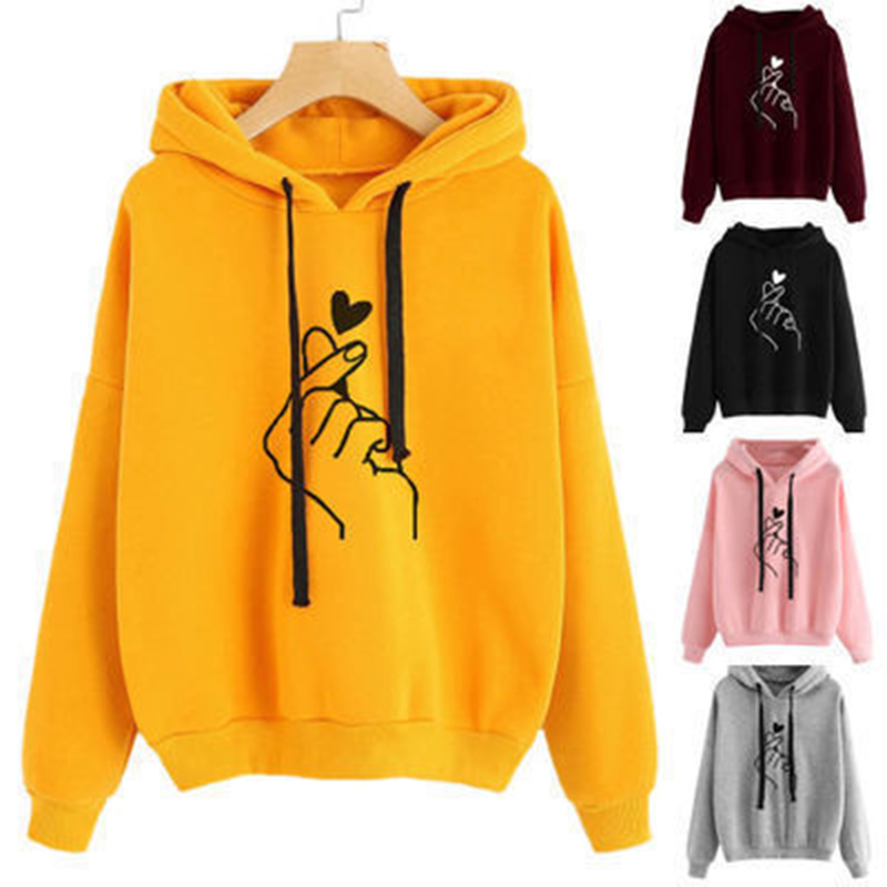 Outono velo hoodie cor sólida dedo coração com capuz coreano moda sweatshirts manga longa superior bolsos com cordão solto hoodies