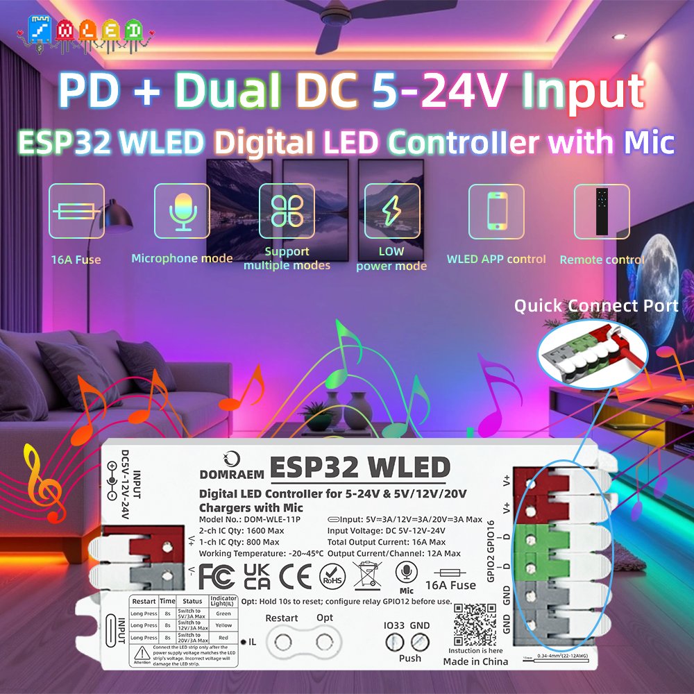 DOMRAEM ESP32 2CH WLED アドレス指定可能なLEDコントローラー、内蔵マイク付き、PD 5V/12V/20V & DC 5-24V広範囲入力、16Aヒューズ対応