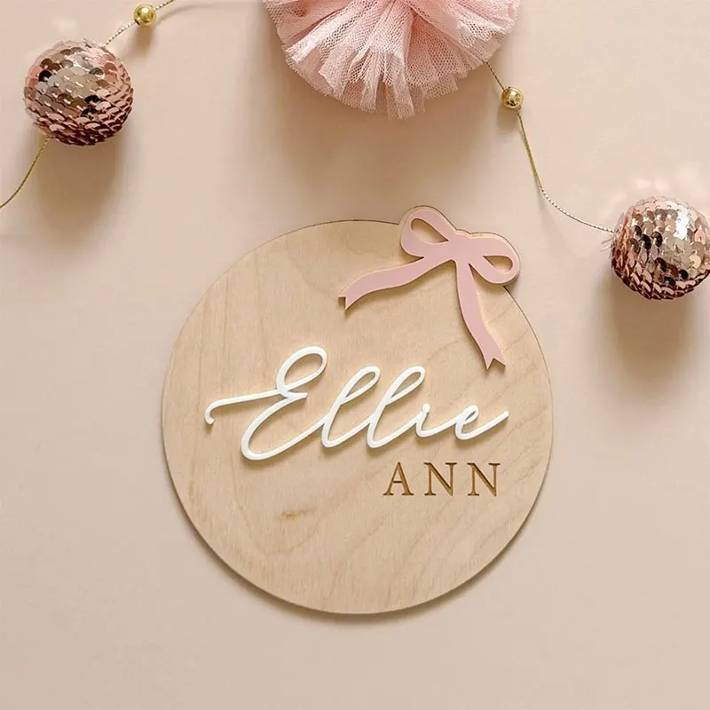 Letrero de anuncio de nacimiento de bebé con lazo rosa personalizado, marca mensual, tarjeta de hito de madera para niñas, nombre acrílico, fotografía para recién nacidos