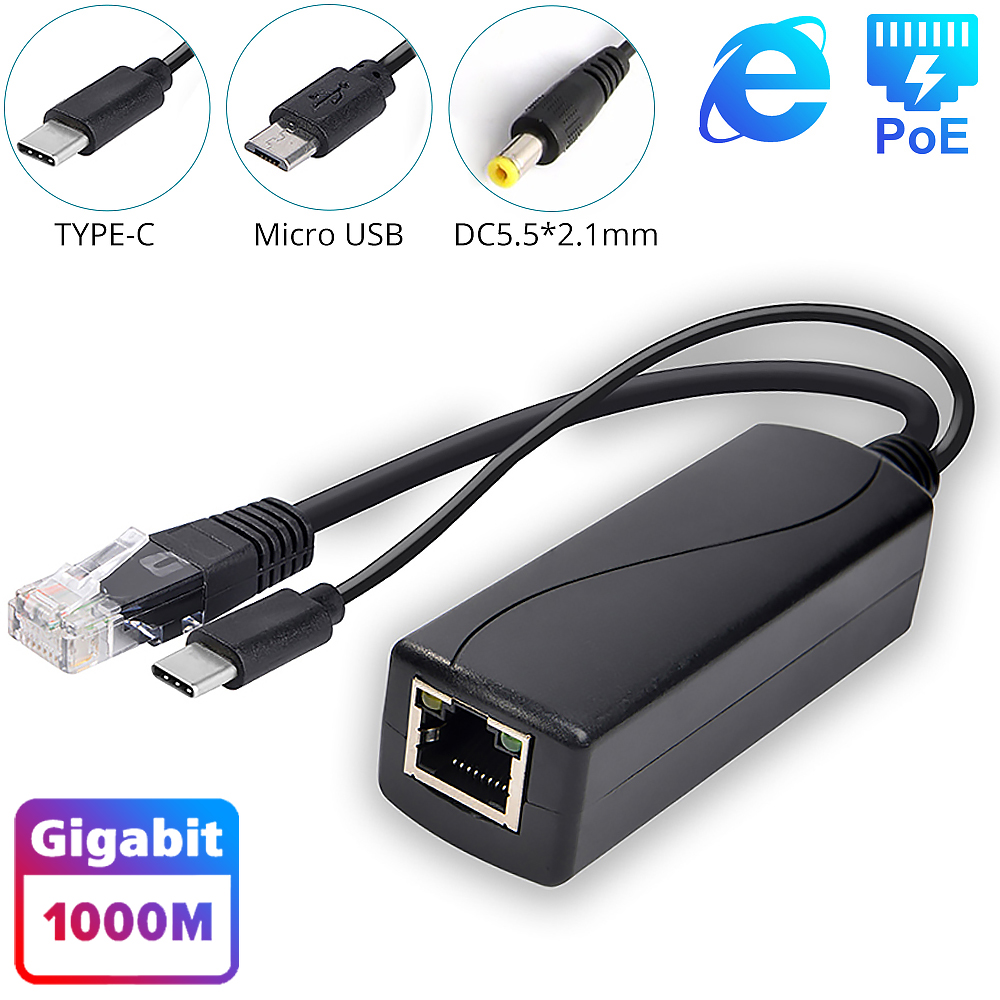 Divisor Gigabit PoE salida de 12V 2A con adaptador divisor de alimentación a través de Ethernet compatible con estándar IEEE 802.3af/at de 10,100,1000Mbps