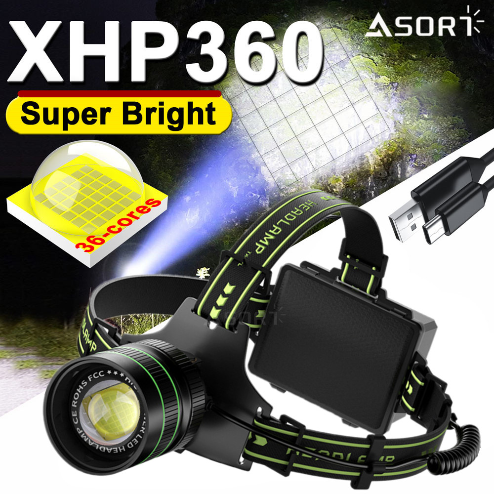 El faro LED más potente y brillante XHP360 de 36 núcleos, carga tipo C con luz frontal SOS de inducción manual ondulada para acampar y pescar