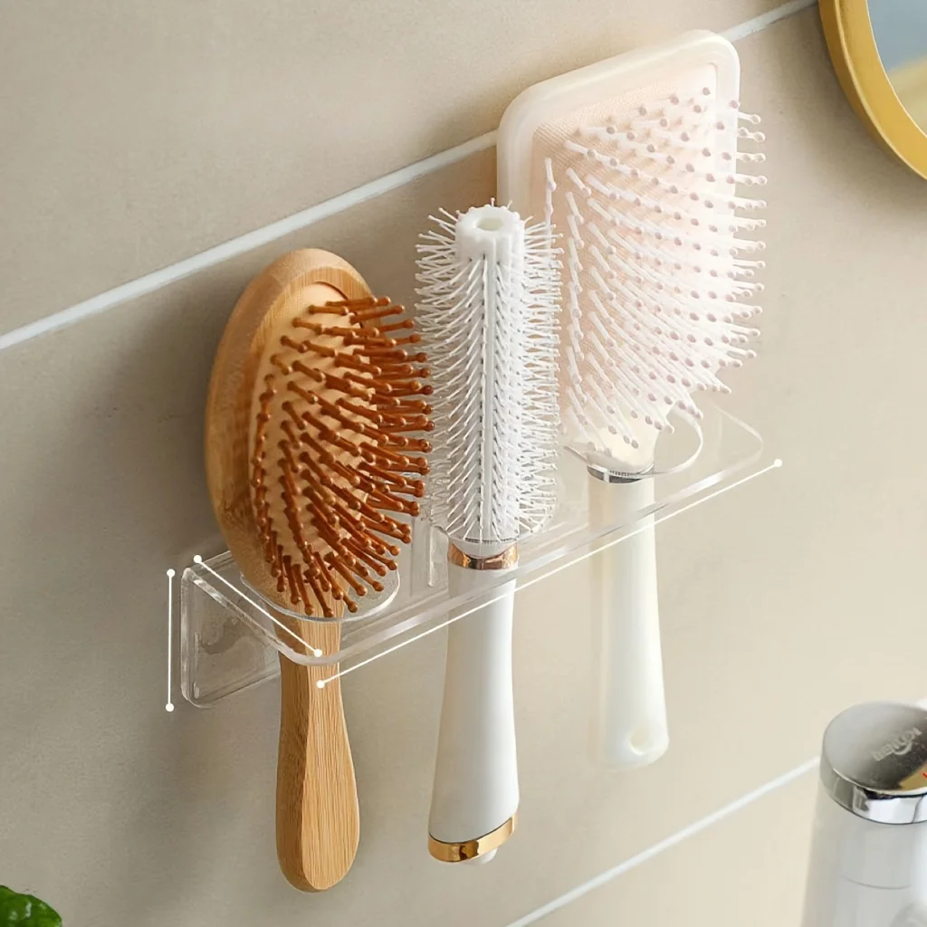 Organizador de baño transparente de acrílico para montar en la pared, sin necesidad de taladrar, para guardar cepillos, peines y artículos de aseo.