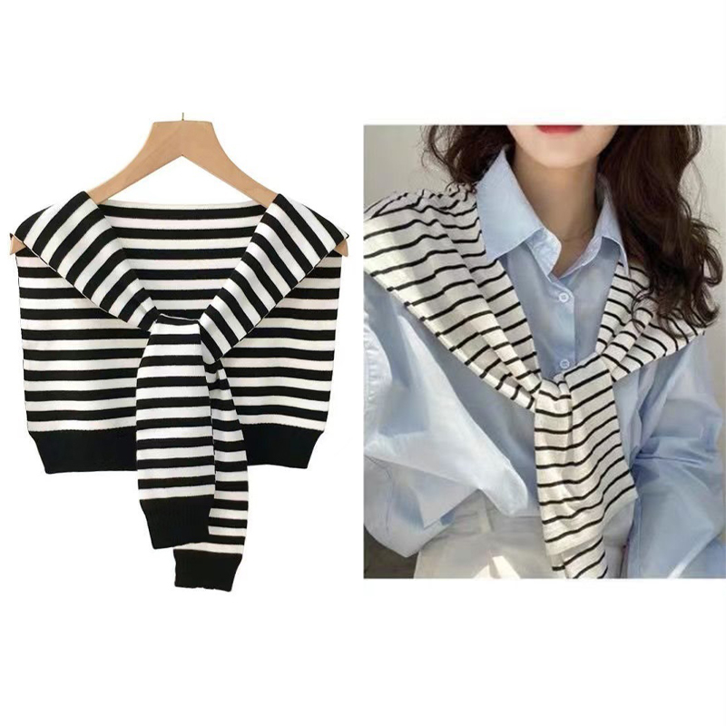 Chal de punto a rayas coreano para mujer, hombros de blusa, capa de cuello falso, bufanda anudada, pequeño, primavera, otoño