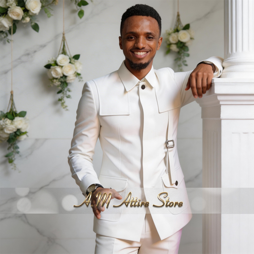 Terno Formal Masculino Estilo Africano 2 Peças Jaqueta Branca Calças Slim Fit Roupas Personalizadas para Casamento Festa de Formatura