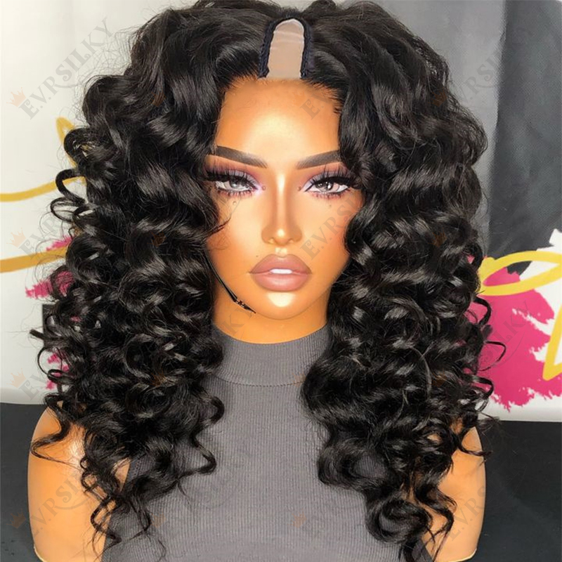 Natural Black Water Wave Curly 1X4 V Part Wig Preplucked U Part Human Hair Wigs for Women 200% Density Remy Hair