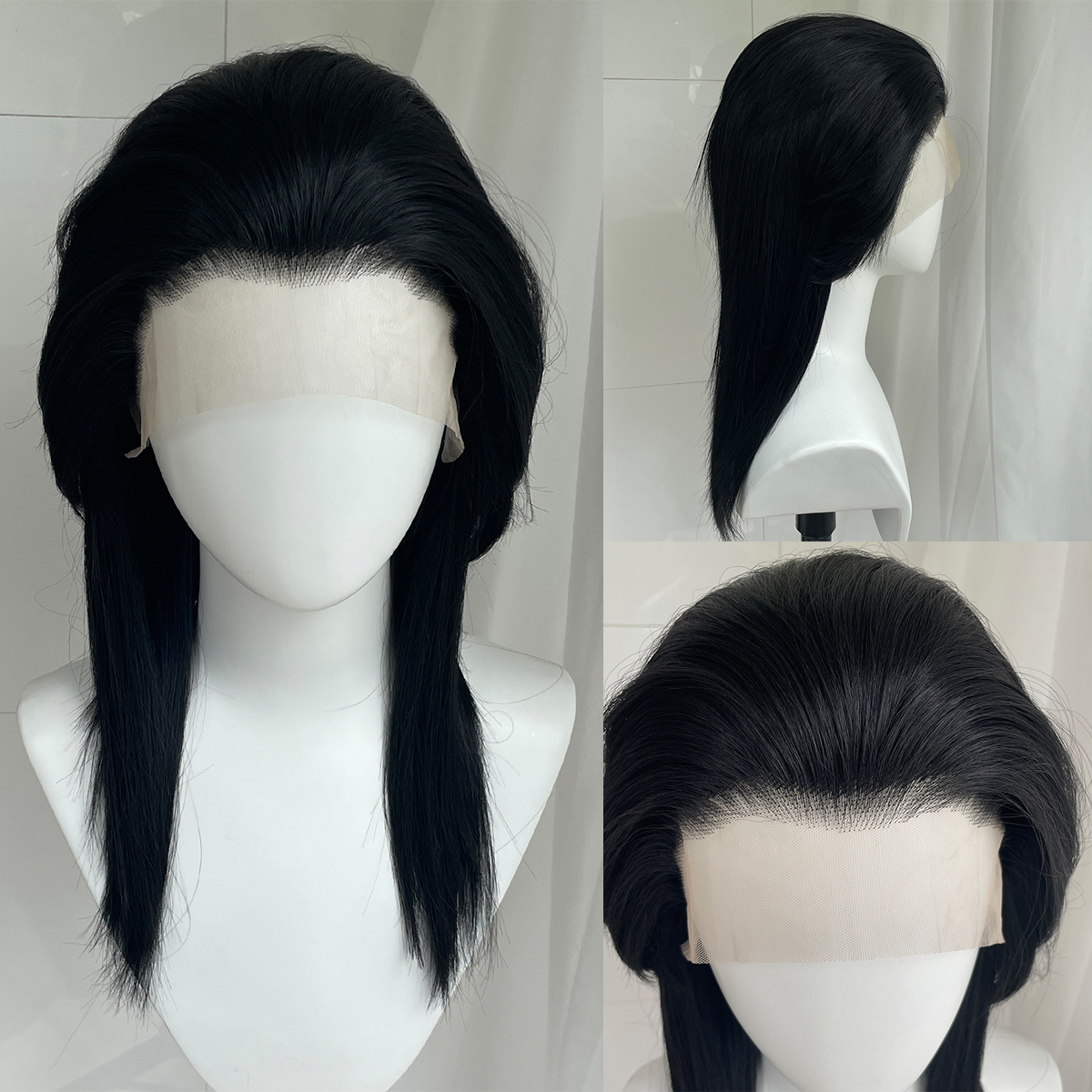 Peruki cosplay w stylu mullet rocker dla mężczyzn, długość do ramion, włosy syntetyczne, peruki typu lace front 13x4, czarne peruki dla kobiet, bezklejowe, naturalna linia włosów.