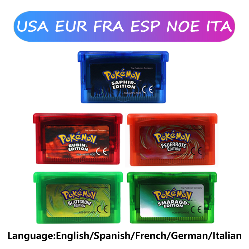 GBA เกม 32 บิตวิดีโอเกมคอนโซลการ์ด Pokemon Emerald ทับทิม FireRed LeafGreen Sapphire Multi-Language สําหรับ GBA/NDS