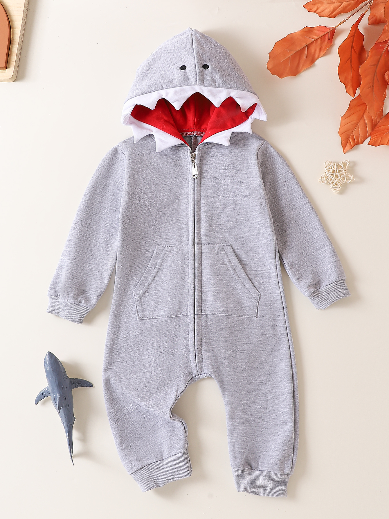 Romper de tubarão com capuz manga comprida, terno rastejante para meninos e meninas recém-nascidos, roupas infantis, outono