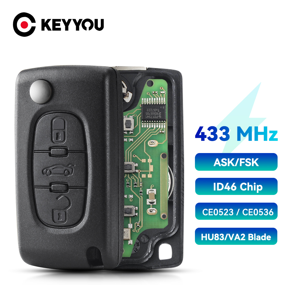 KEYYOU 3 Taste Remote Key CE0523/CE0536 für Peugeot 207 208 307 308 407 408 433MHZ ID46 - PCF7941 Schaltung HU83/VA2 Flip Auto Schlüssel für CITROEN C1 C2 C3 C4 C5 Berlingo Picasso Vehicle