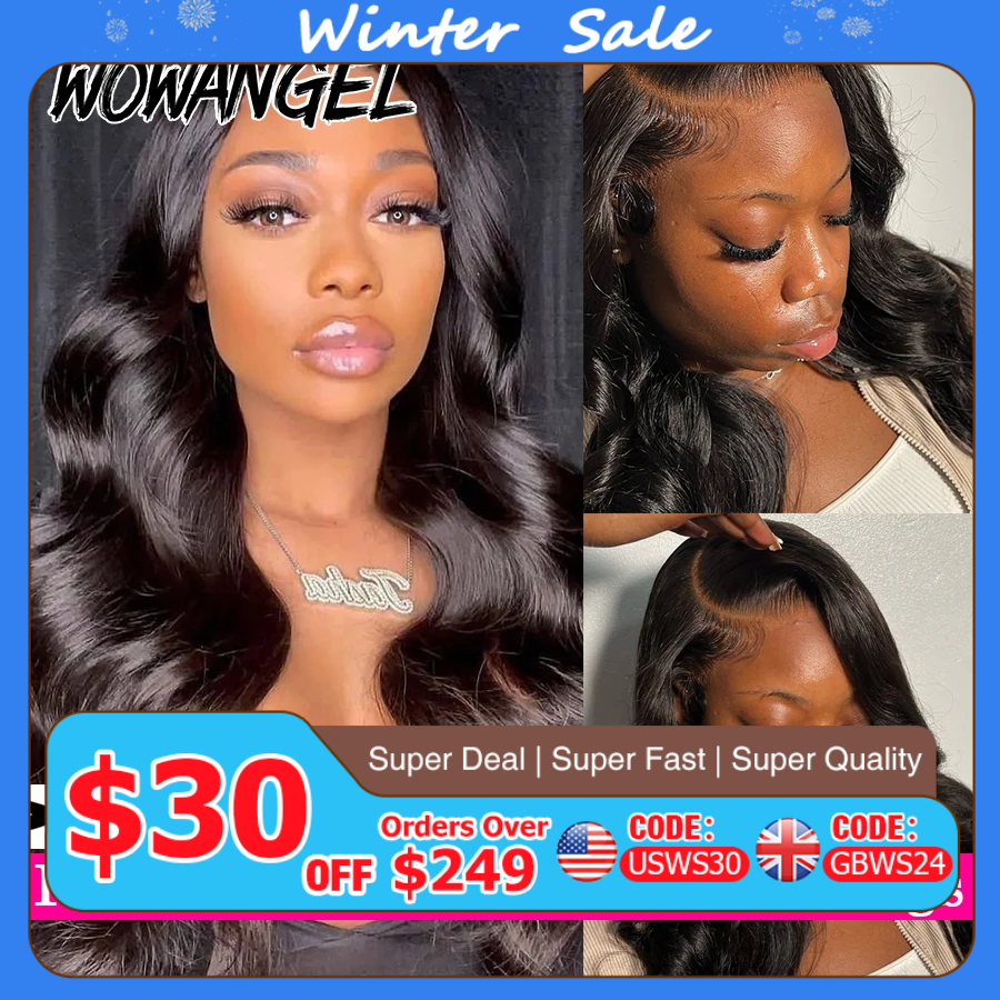 Wow anjo 13x6 hd perucas dianteiras do laço 250% remy cabelo onda do corpo perucas de cabelo humano hd perucas do laço pré arrancadas usar para ir perucas para mulher