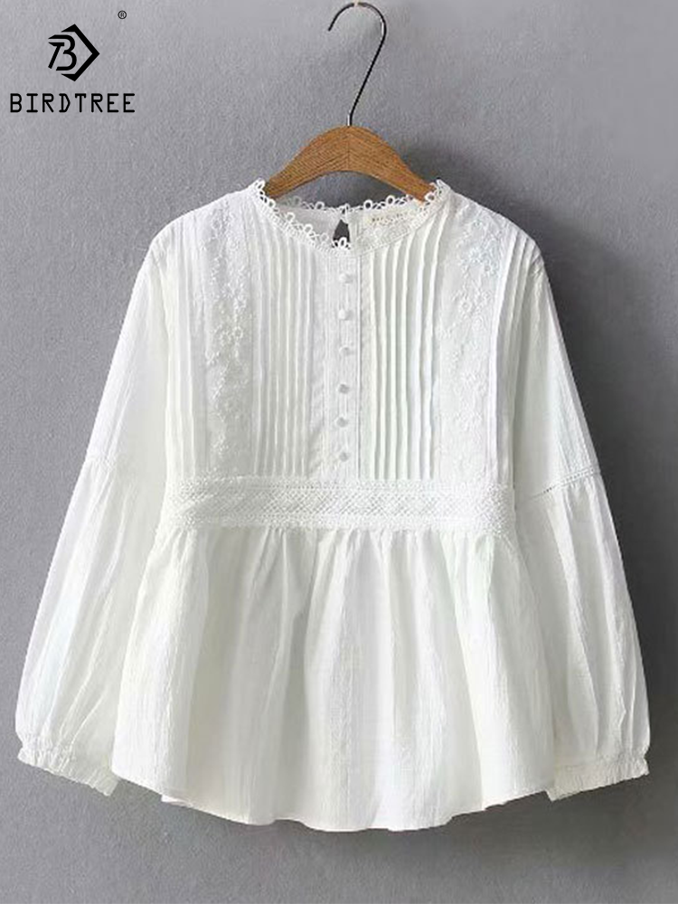 เสื้อเชิ้ตสีขาวคอตตอนสำหรับผู้หญิงเสื้อเบลาส์แบบกระดุมแถวเดียวผ้าลูกไม้แต่งระบายสำหรับเด็กผู้หญิงเสื้อตุ๊กตาน่ารักลำลอง T39126QM ฤดูใบไม้ผลิใหม่ฤดูใบไม้ร่วง