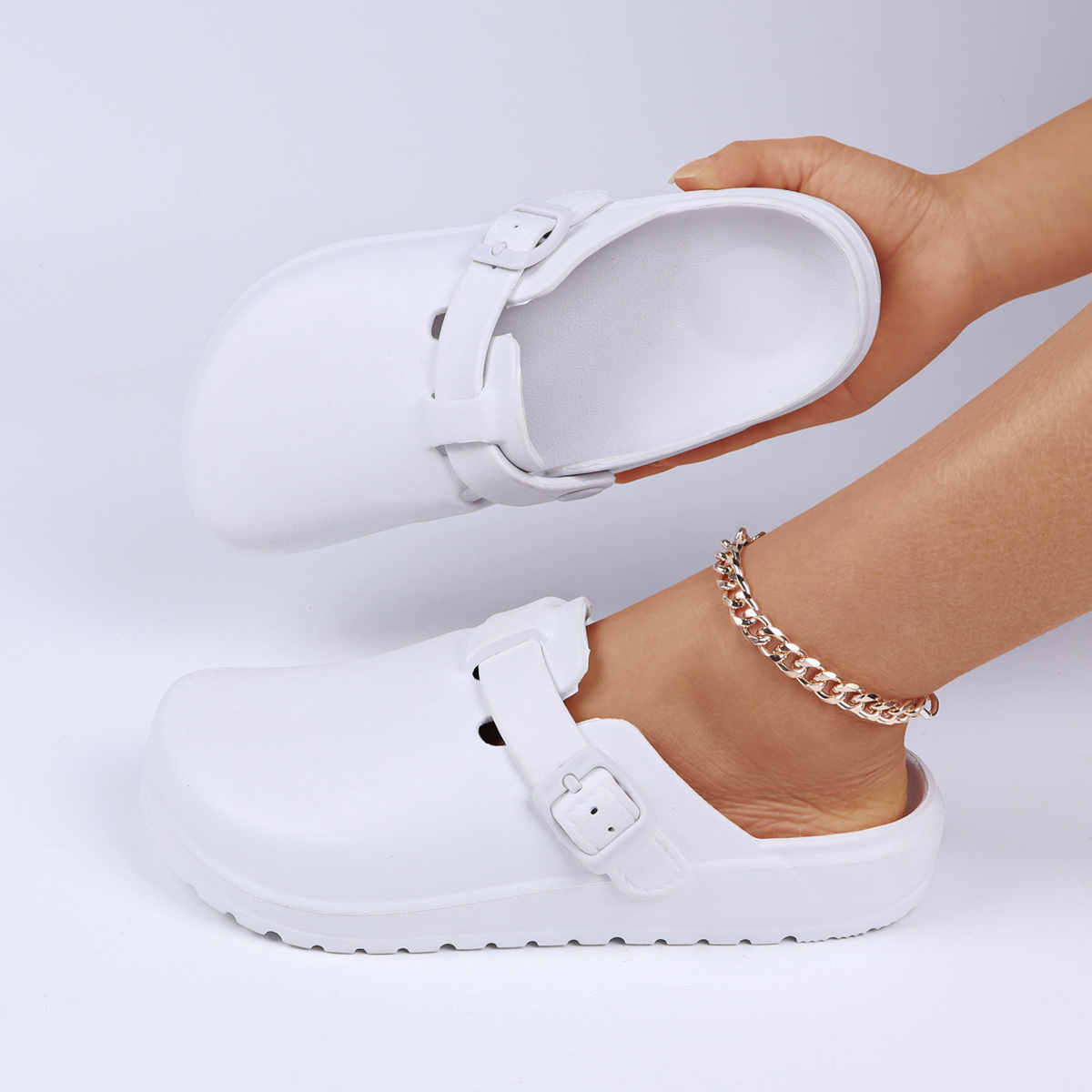 Zuecos de EVA de Color Sólido para Mujer, con Tiras Ajustables, para Uso Casual en Interiores y Exteriores