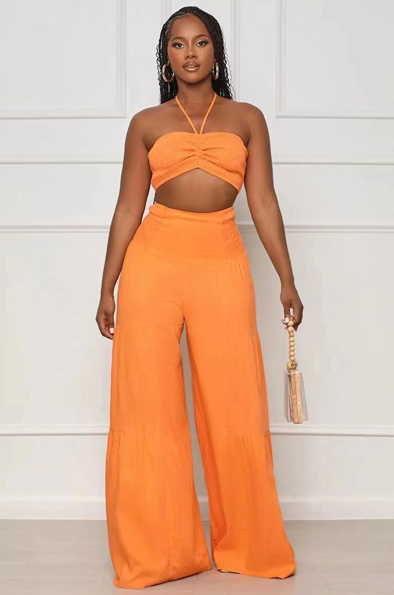 Cutuble Set 2 potong kasual liburan pakaian wanita musim panas Halter Ruched atasan pendek dan celana kaki lebar pakaian pantai pakaian klub malam