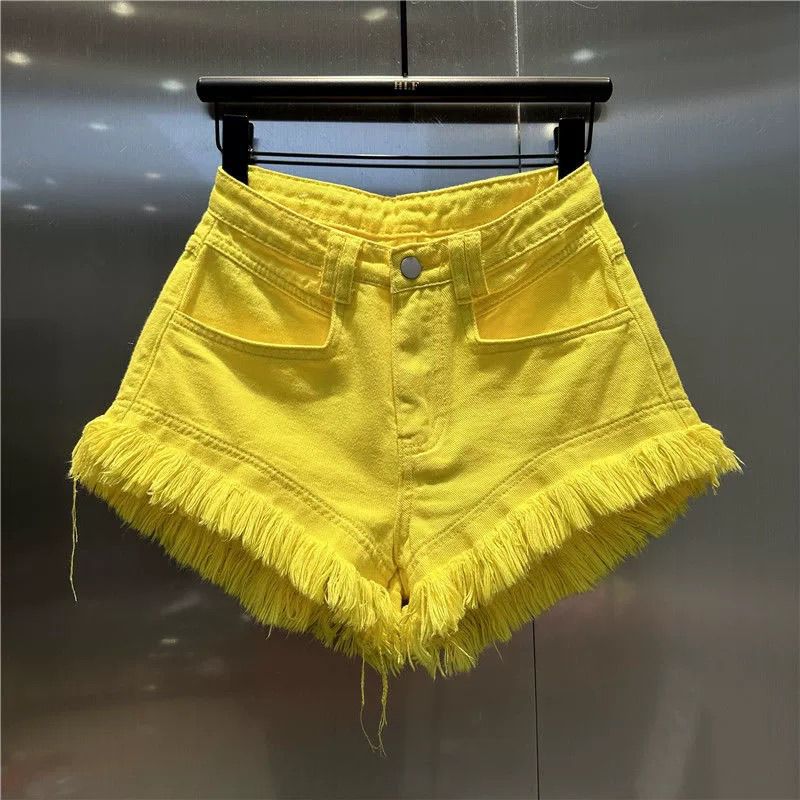 Shorts in denim gialli a vita alta a tubo dritto con bordo a nappe, modello 2026, per donna - Hot Pants estivi, novità per la ragazza piccante
