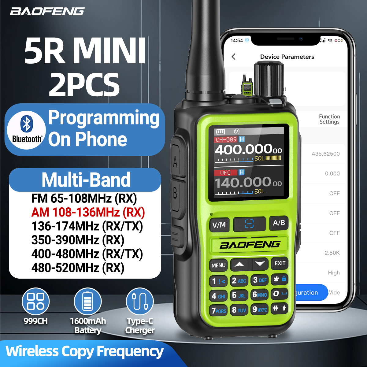 Baofeng UV 5R Mini Walkie Talkie Bluetooth Programmering Frequentie Type-C Oplader Dual PTT Band AM/FM Camping Draagbare 2-weg Radio