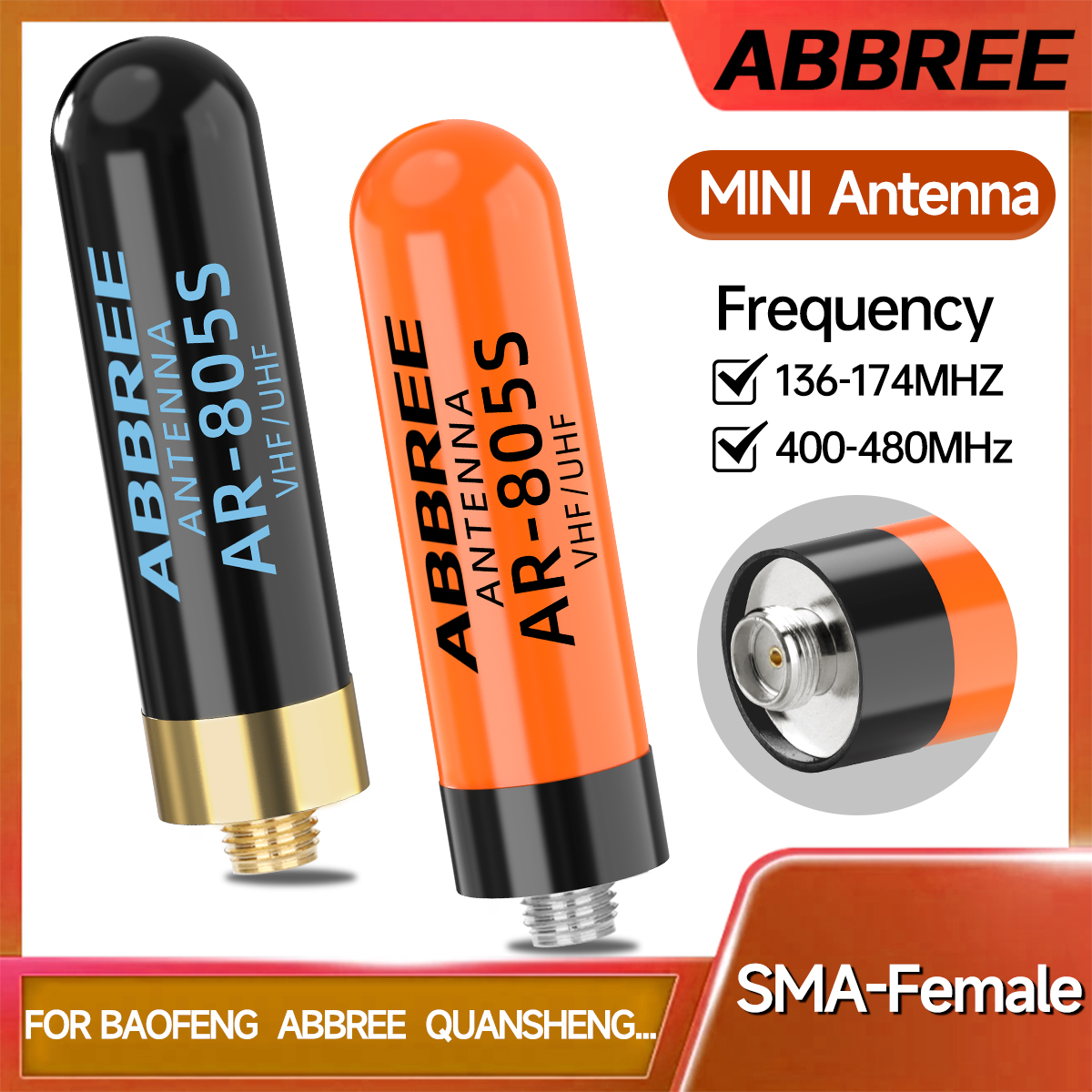 ABBREE AR-805S ミニショートトランシーバーアンテナ SMA-メス デュアルバンド ハイゲイン バオフェン UV-5R ミニ UV-21 PRO アマチュア無線用