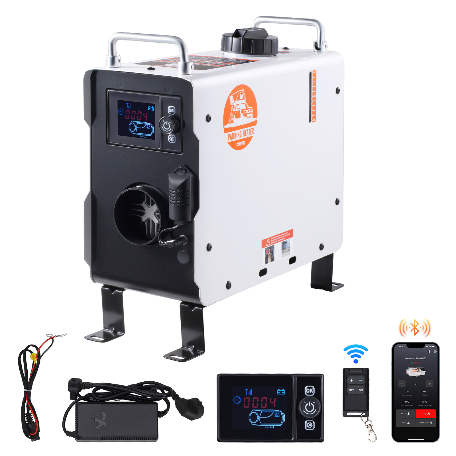 SucceBuy Aquecedor Diesel 2KW 12V / 24V Aquecedor de Ar Diesel Tudo em Um com Tela de Controle Remoto Alarme CO para Veículos e Exteriores